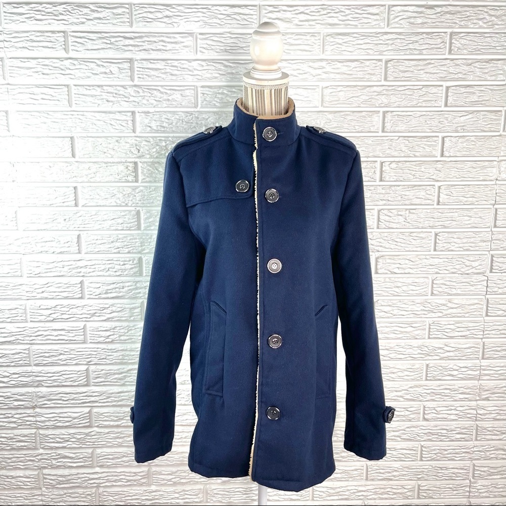 Myron Navy Blue Fleece Coat with Tan Faux Fleece Lining Size Medium